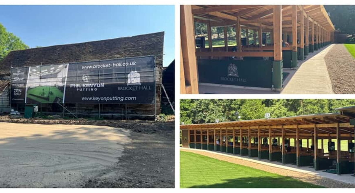 A collage of the mesh banner for the golf course and the branding in the padding across the course.